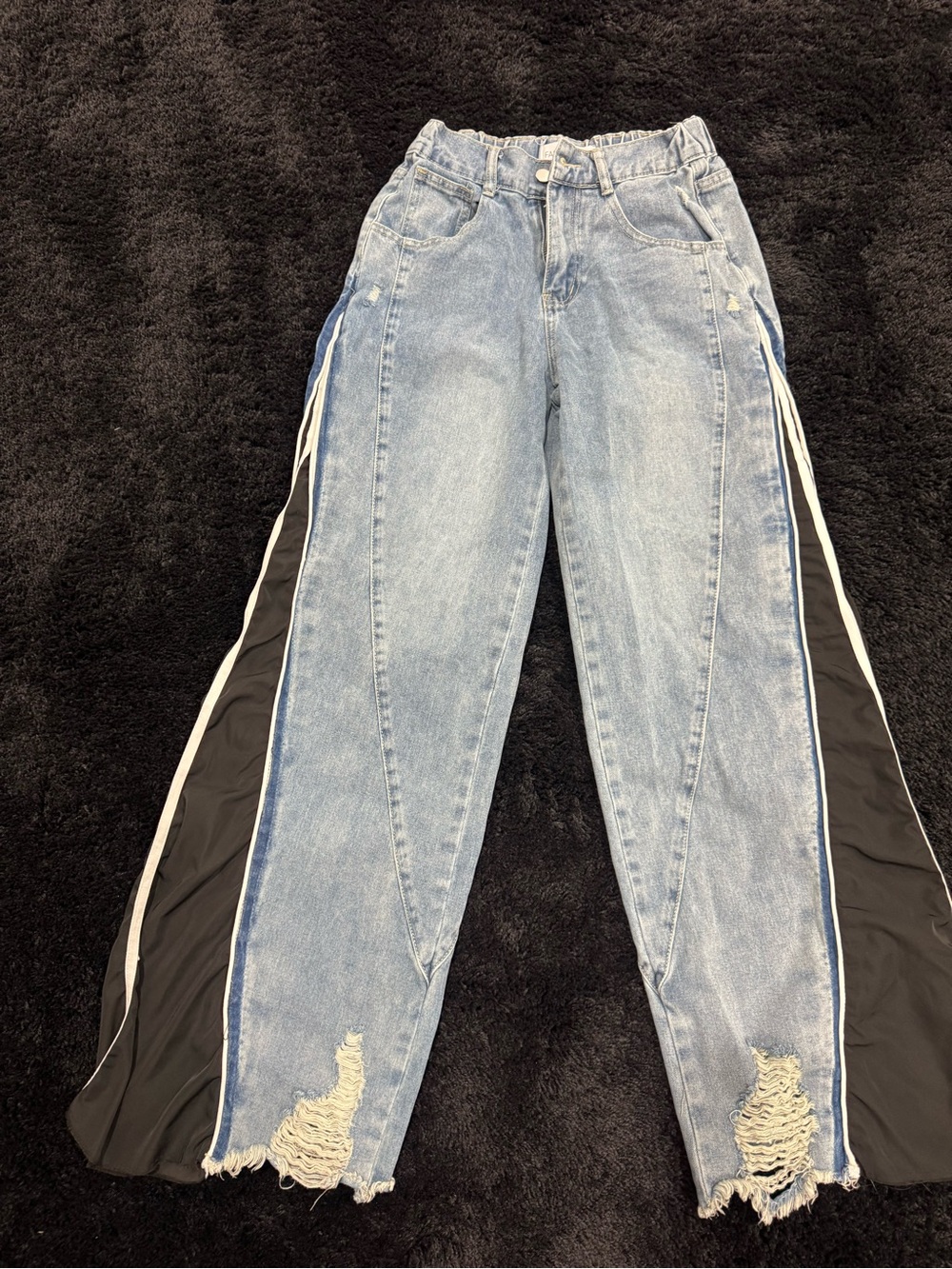Fashion Nova Light Blue Denim Wide-Leg Jeans with Black & White Side Panels